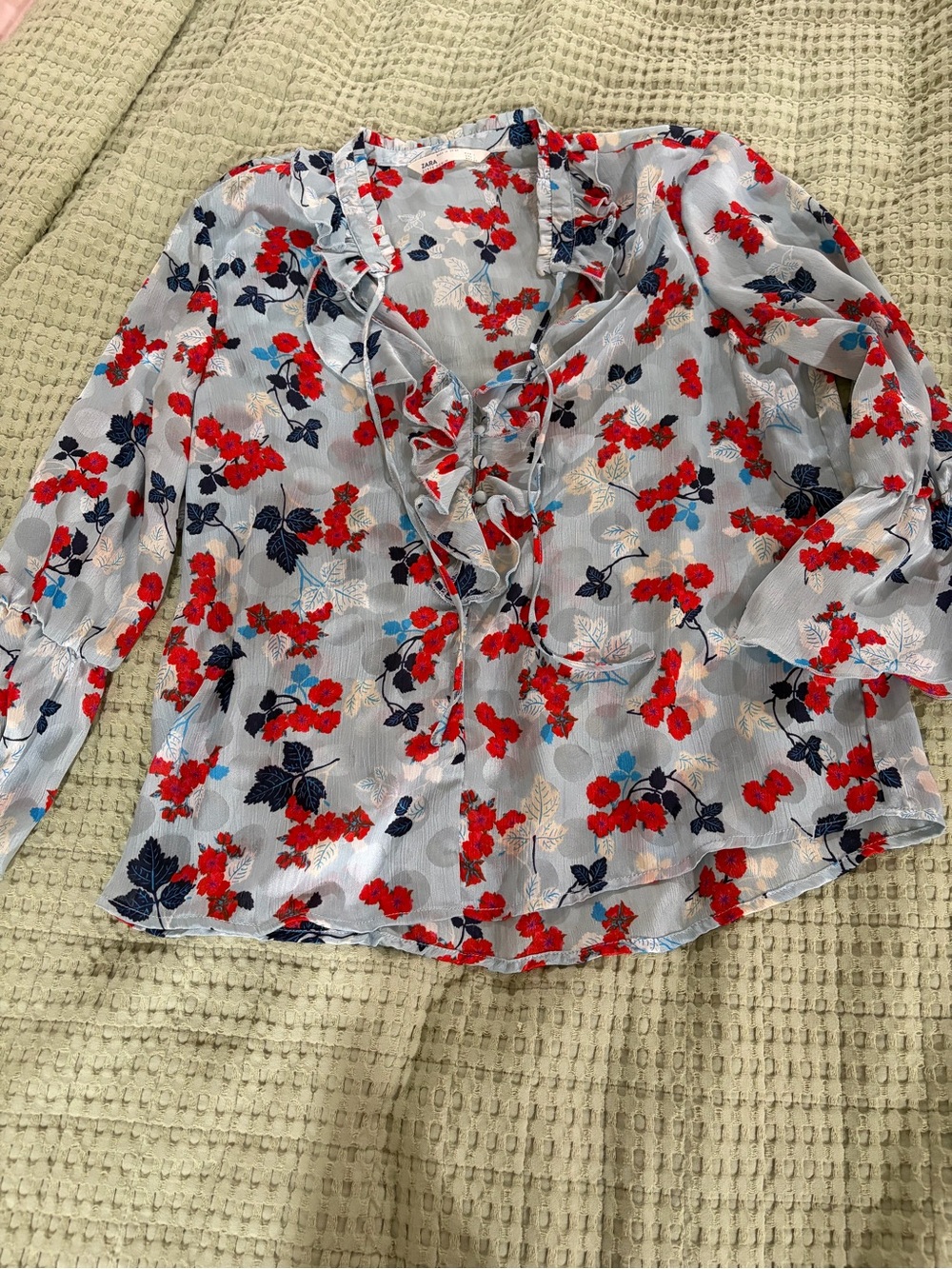 Zara Light Blue Floral Blouse with Red and Navy Accents